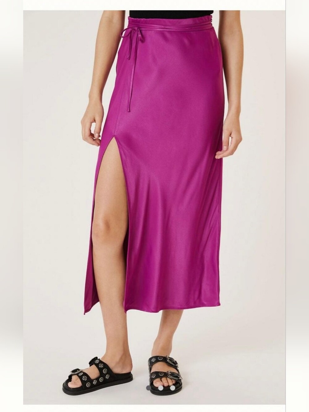 Anthropologie Fuchsia Satin Midi Skirt with Side Slit